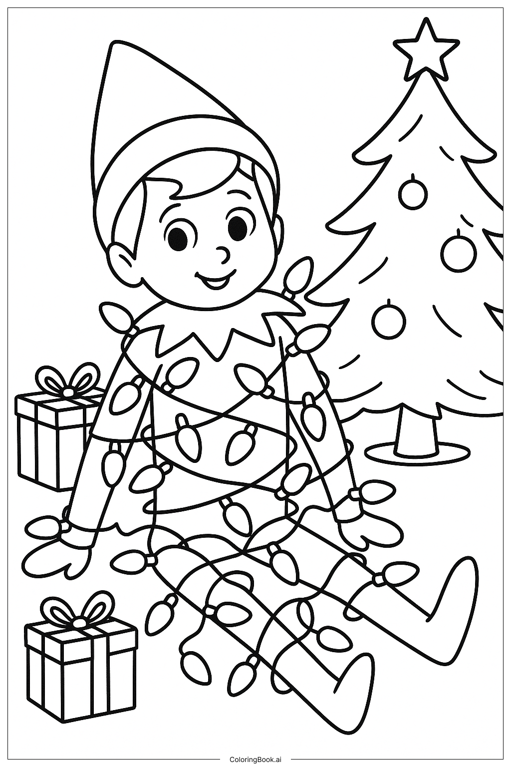  Página para colorir de Duende na Prateleira Enredado nas Luzes de Natal 