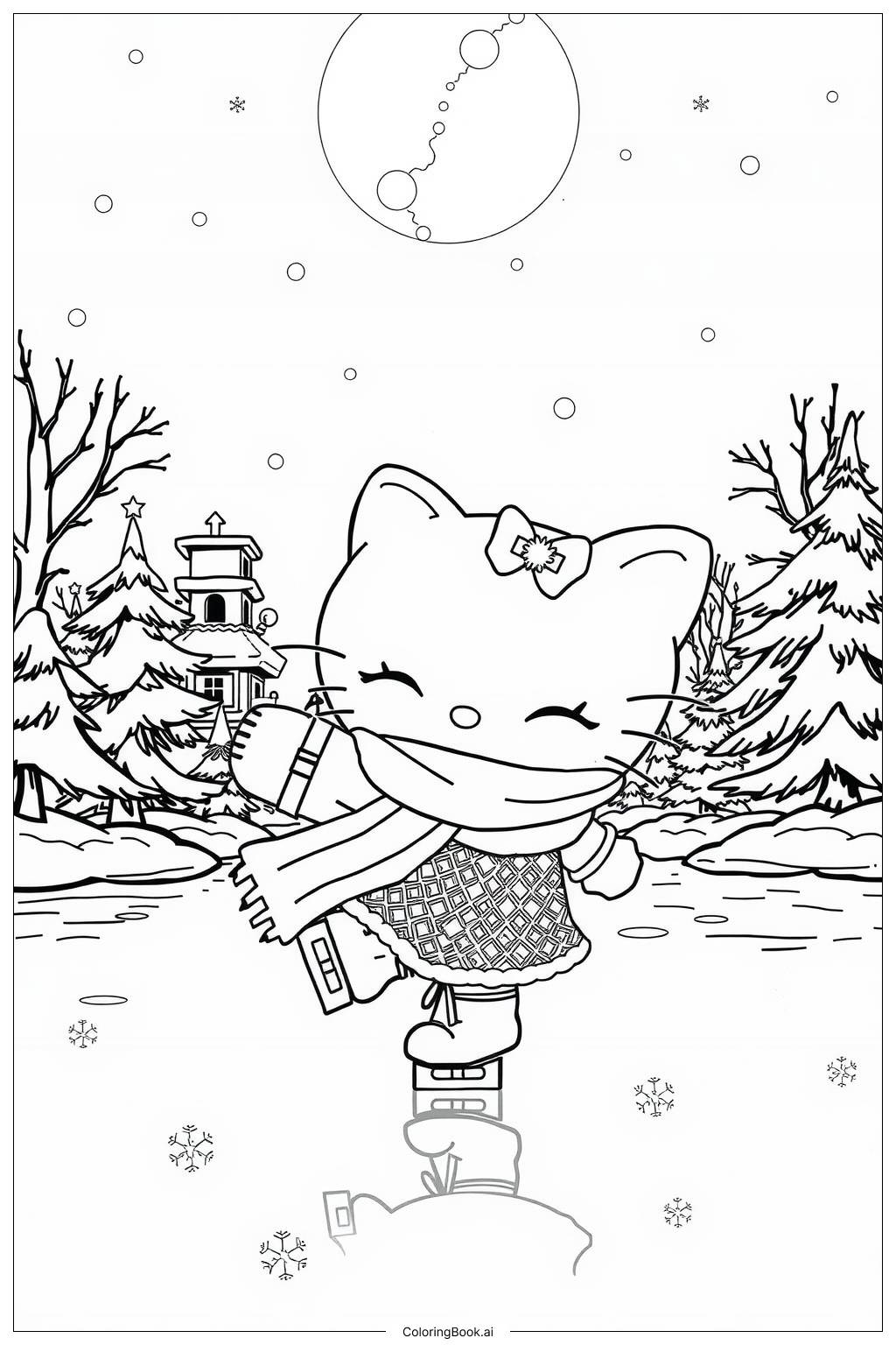  Page de coloriage Hello Kitty patinage sur glace la veille de Noël 