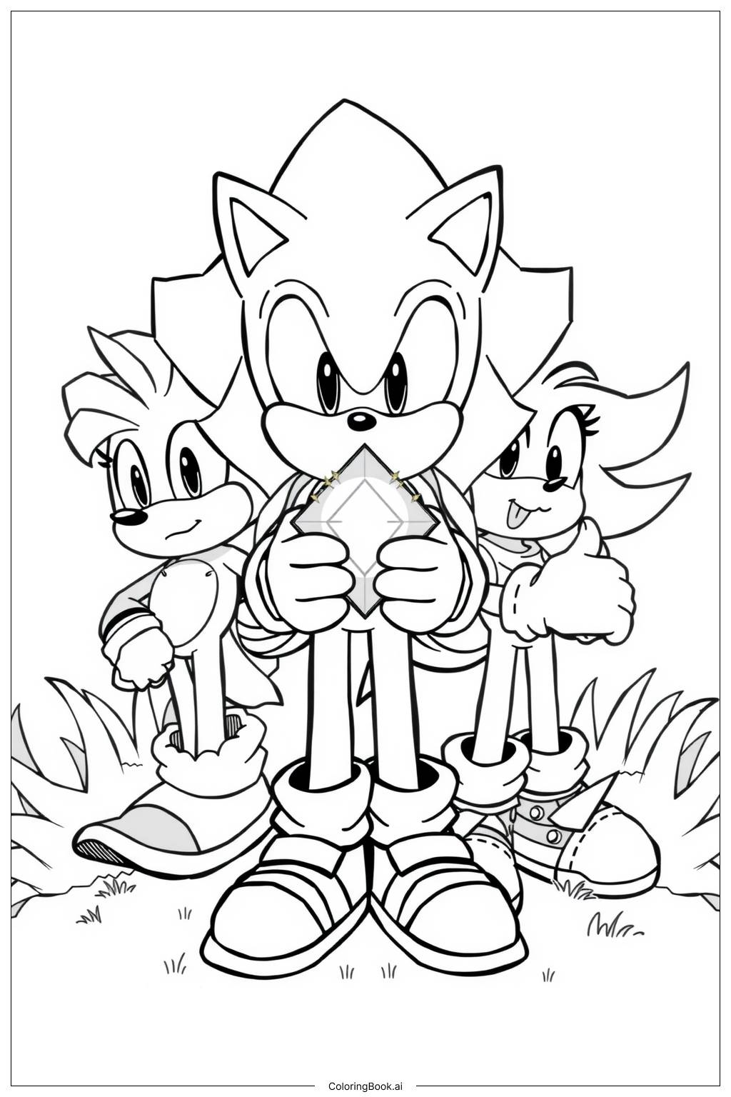  Página para colorir de sonic, tails e knuckles salvando as esmeraldas juntos 