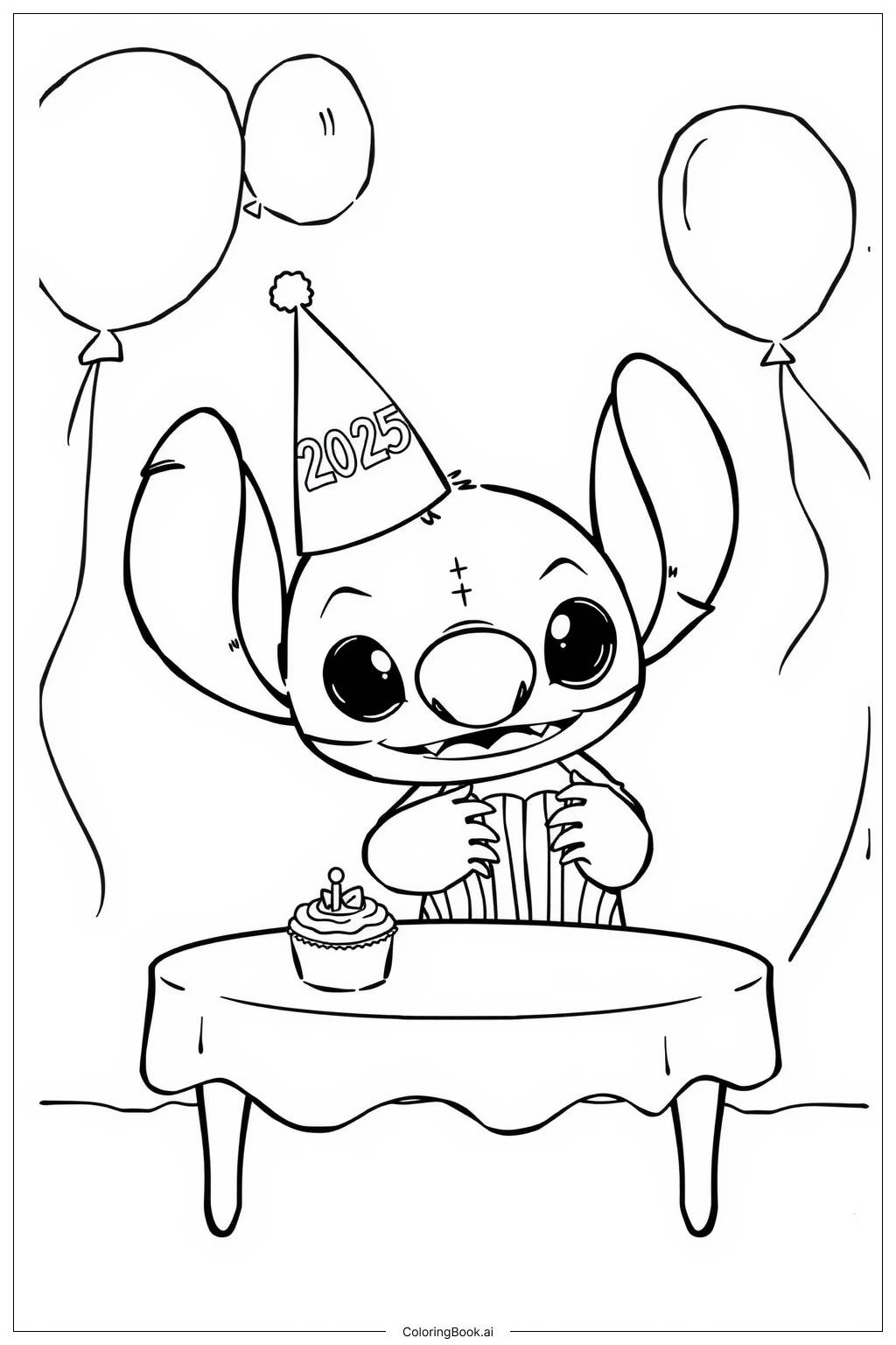  Stitch mit einer Partykappe für 2025 Ausmalseite 