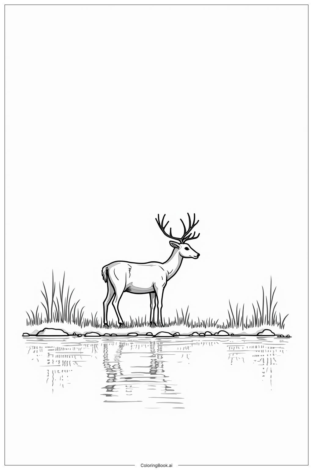  Page de coloriage Un cerf buvant de l'eau au bord du lac 