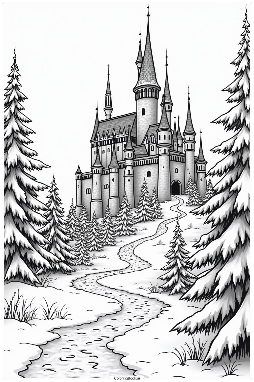  Page de coloriage Château Gelé Merveilleux Hivernal 