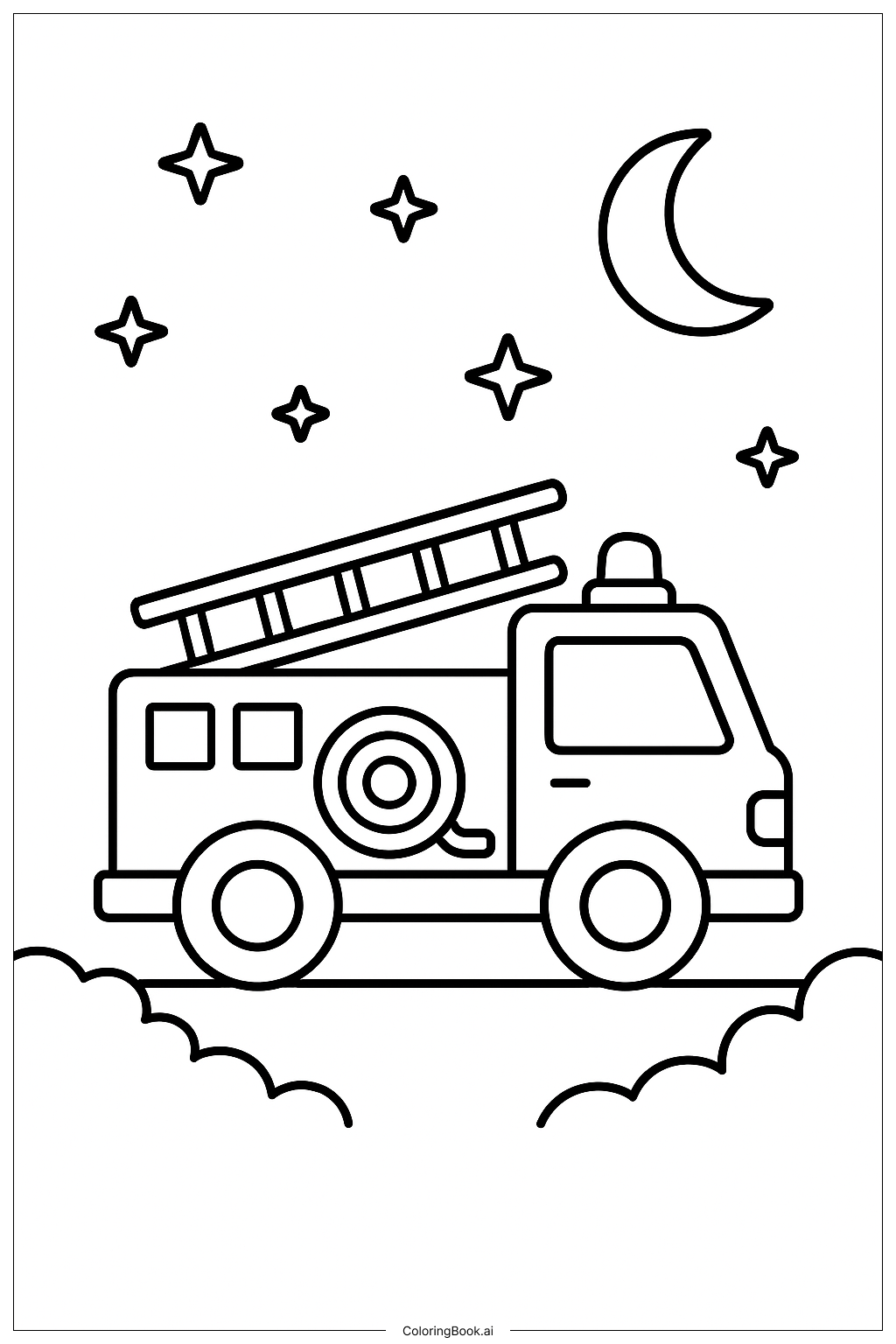 Page de coloriage Camion de pompiers la nuit avec des étoiles 