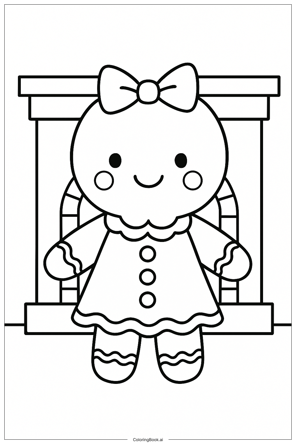  暖炉のそばのジンジャーブレッドの女の子の塗り絵ページ 