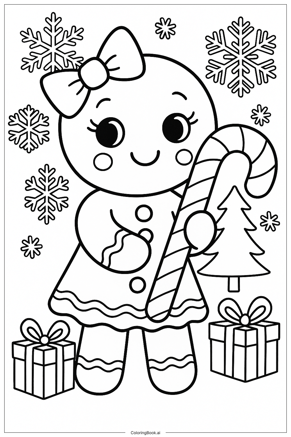  キャンディケインを持ったジンジャーブレッドの女の子の塗り絵ページ 