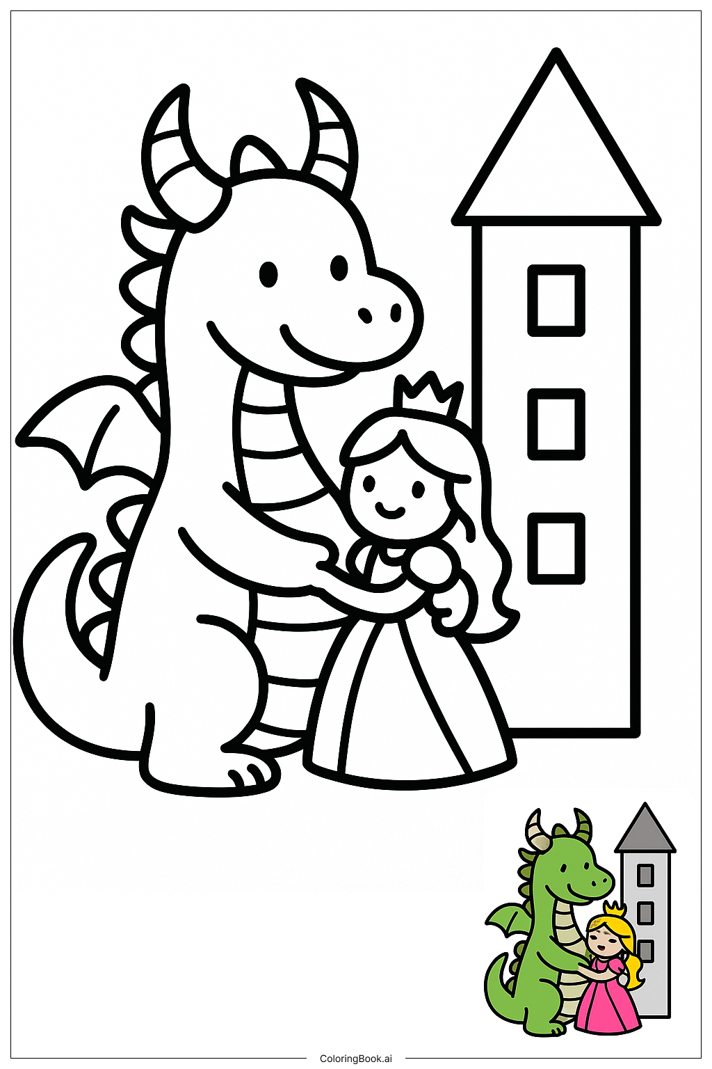  塔から姫を救うドラゴンの塗り絵ページ 