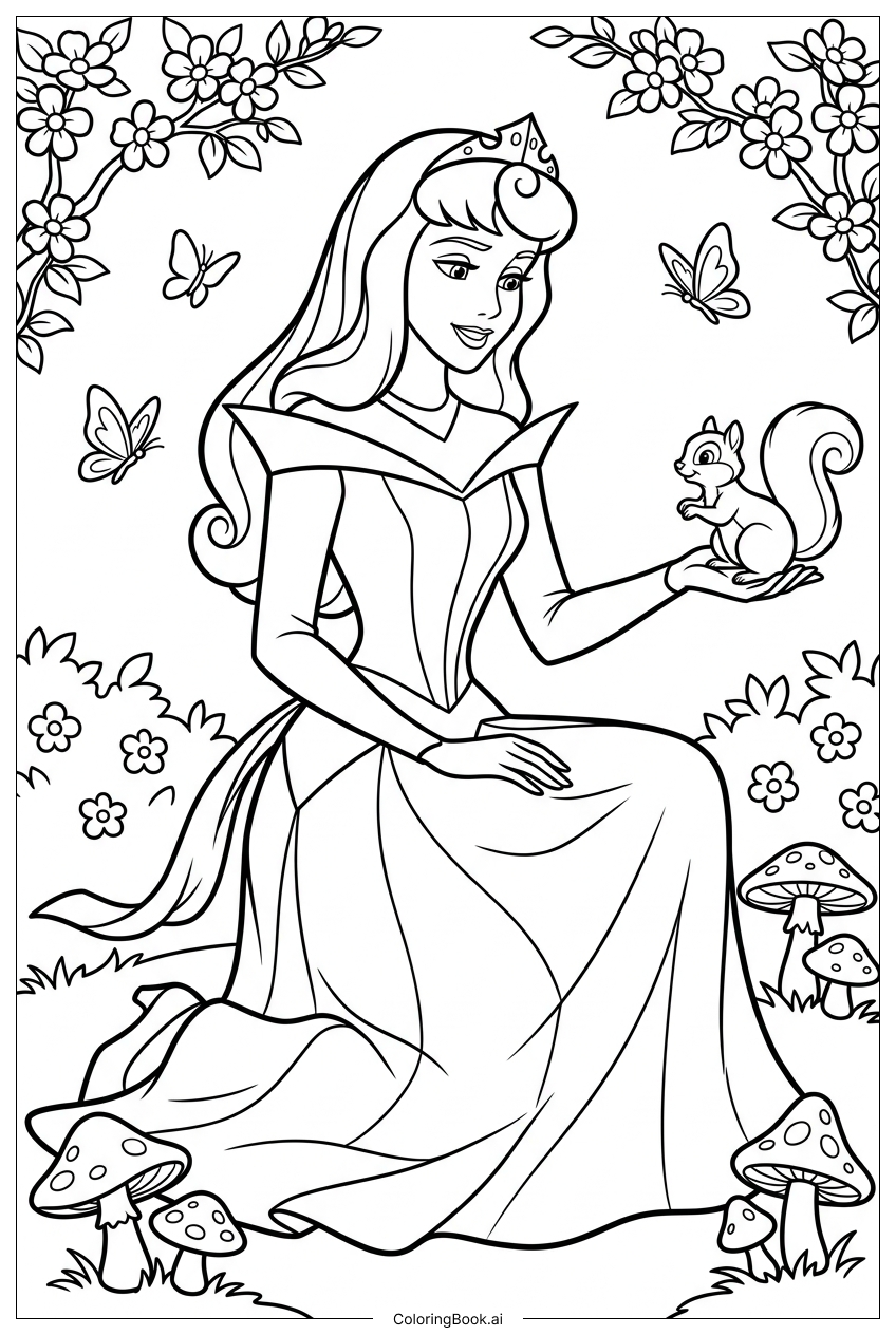  ディズニープリンセスと森のリスとキノコの塗り絵ページ 