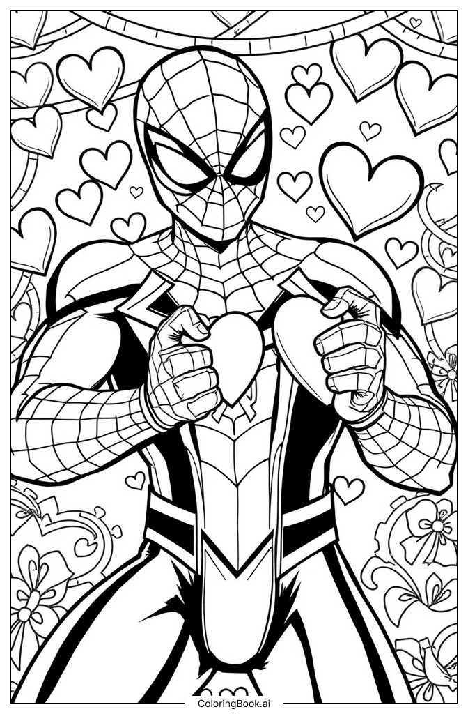バレンタインデー スパイダーマン 塗り絵ページ（無料のPDF＆PNG