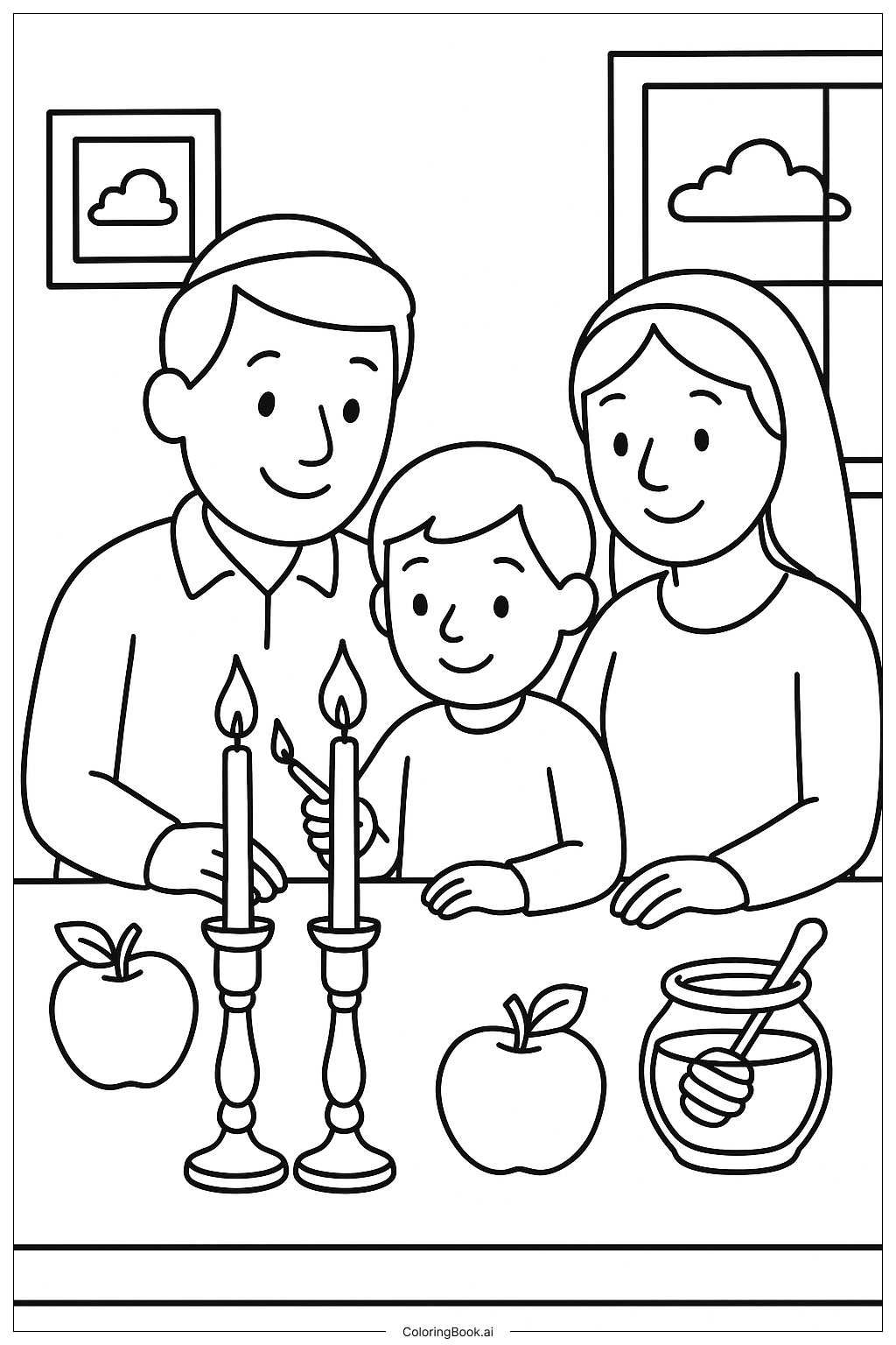  Family Lighting Rosh Hashanah Candles著色頁 
