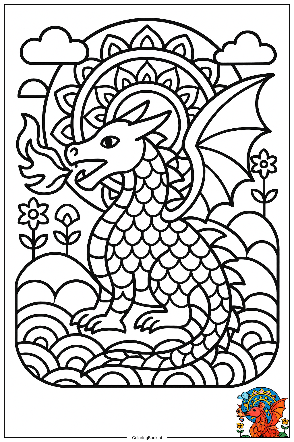  ドラゴンのマンダラ 複雑なパターンの塗り絵ページ 