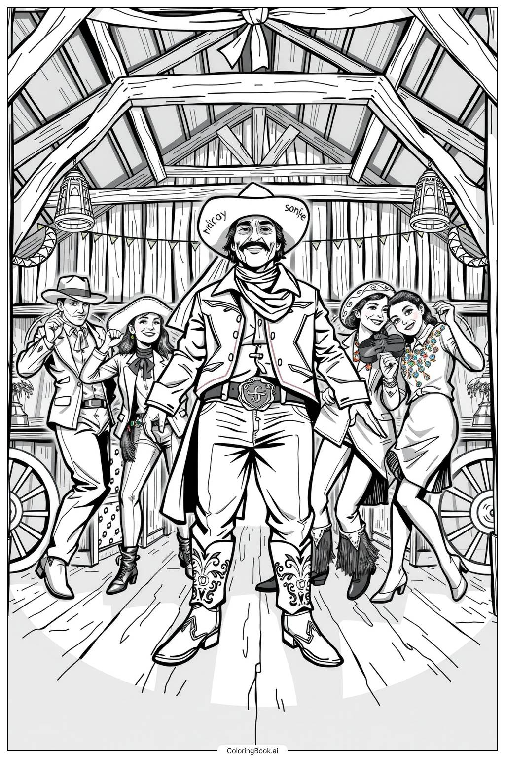  Cowboy celebrating with friends at a dance Coloring Page 