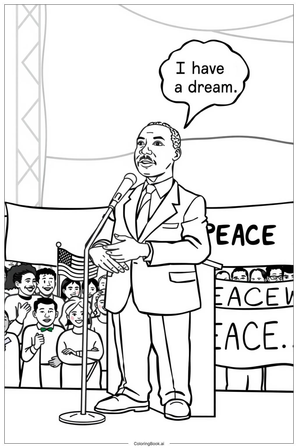  Página para colorear de Martin Luther King entregando el discurso 'Yo tengo un sueño' 