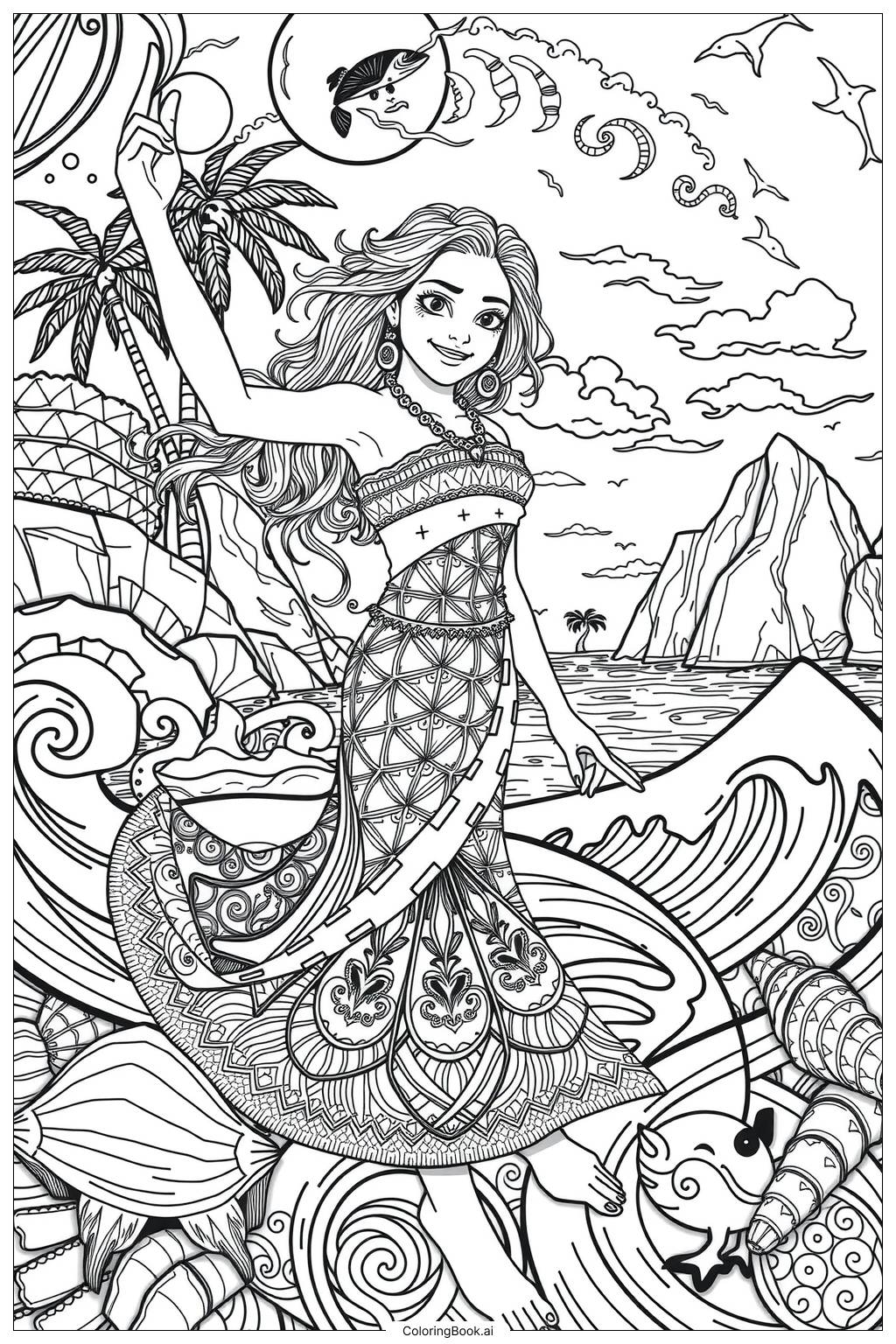  Moana's adventure with the ocean animals Coloring Page 