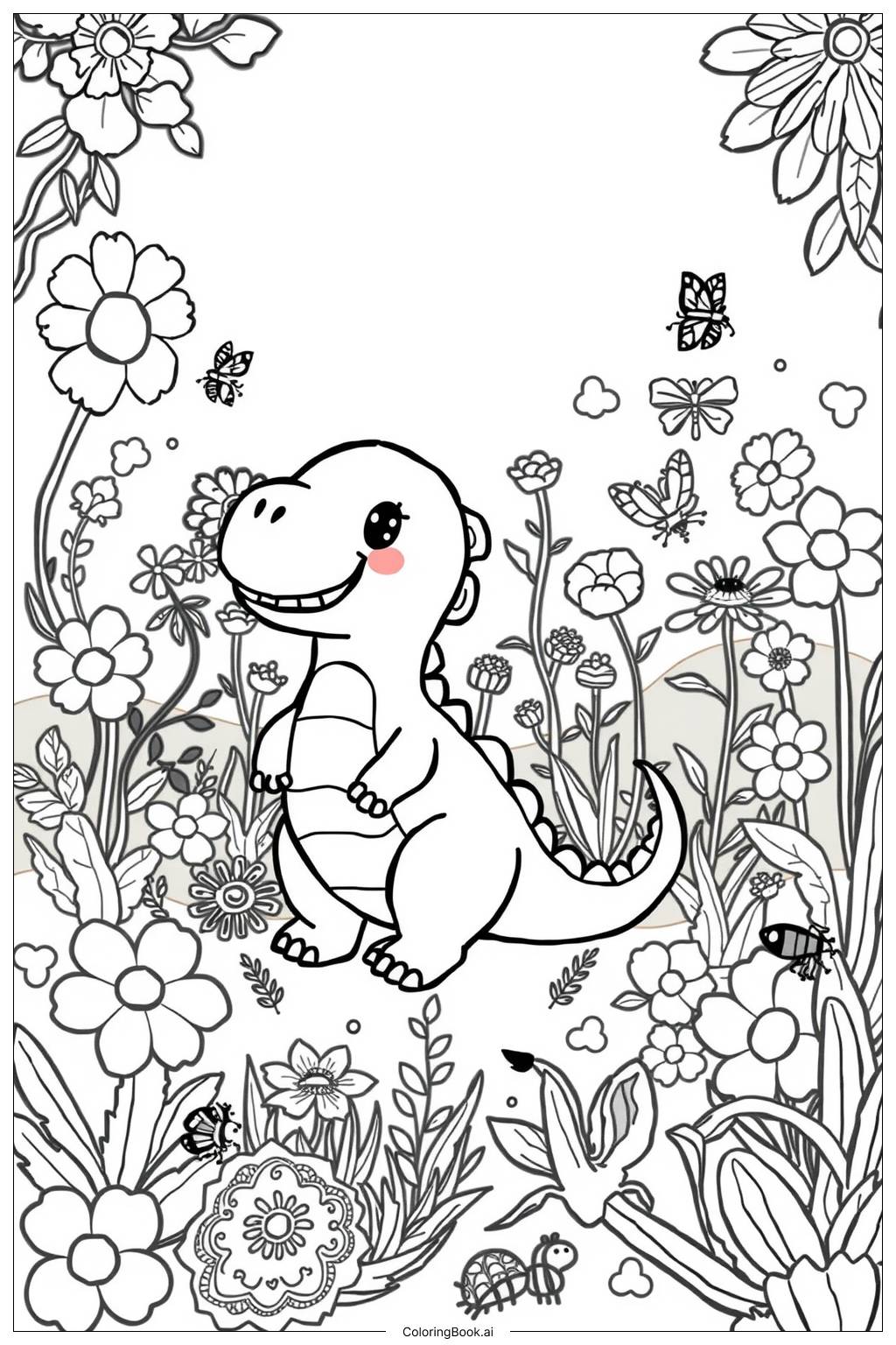  Kawaii Dinosaur Garden Coloring Page 