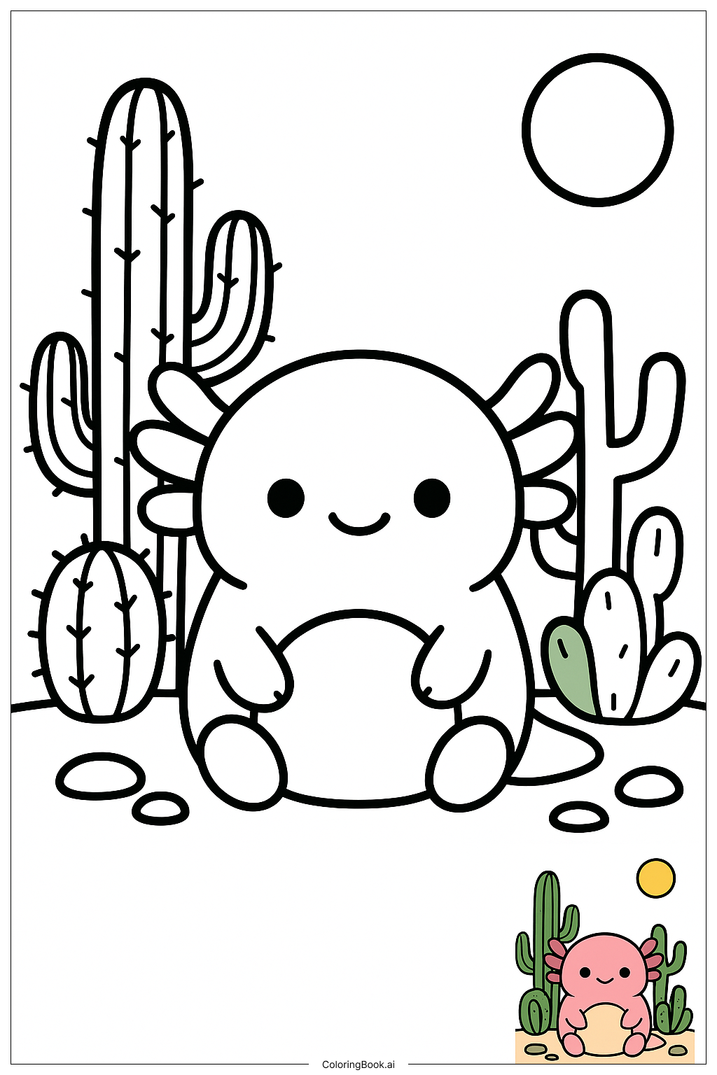  Página para colorear de Squishmallow Axolote Acurrucado En Jardín De Cactus 