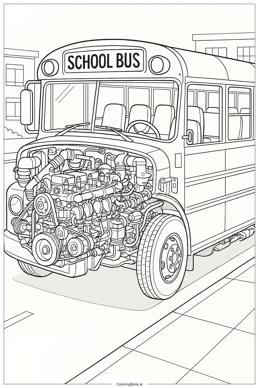  Durchsicht eines Schulbusmotors Ausmalseite 