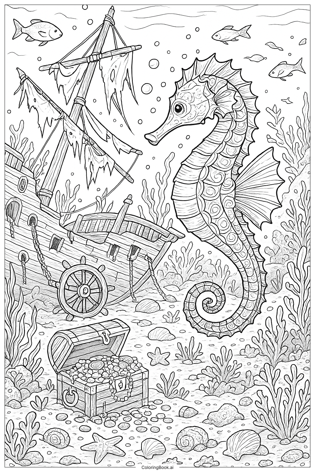 Página para colorear de Caballito de mar explorando un barco pirata hundido