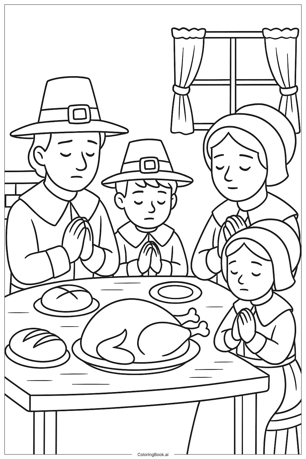  필그림 가족의 감사 기도 색칠공부 페이지 