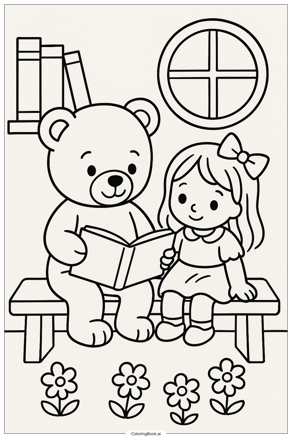  Teddy Bear Reading A Book To A Doll Coloring Page 