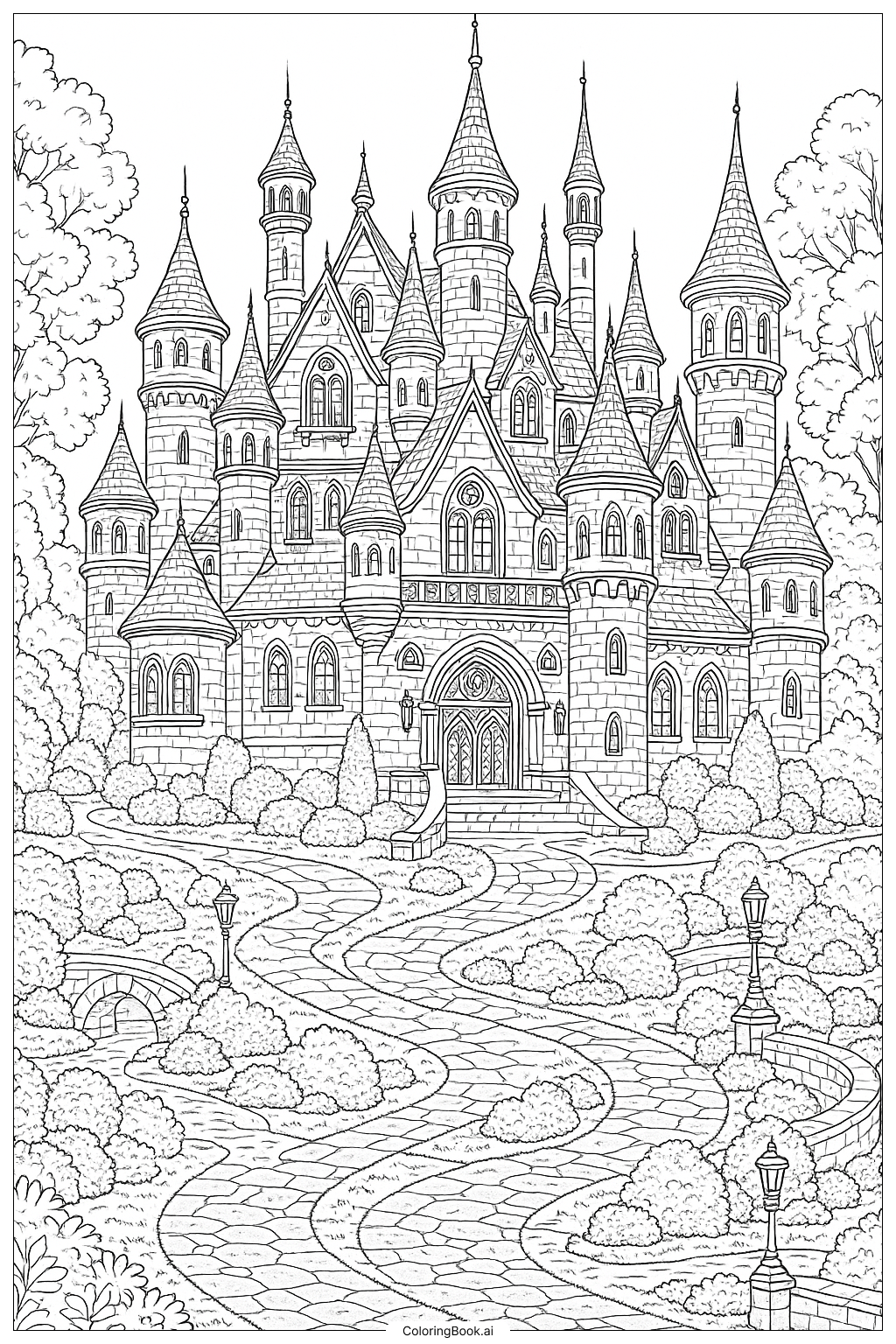 A Castle House with Many Towers Coloring Page