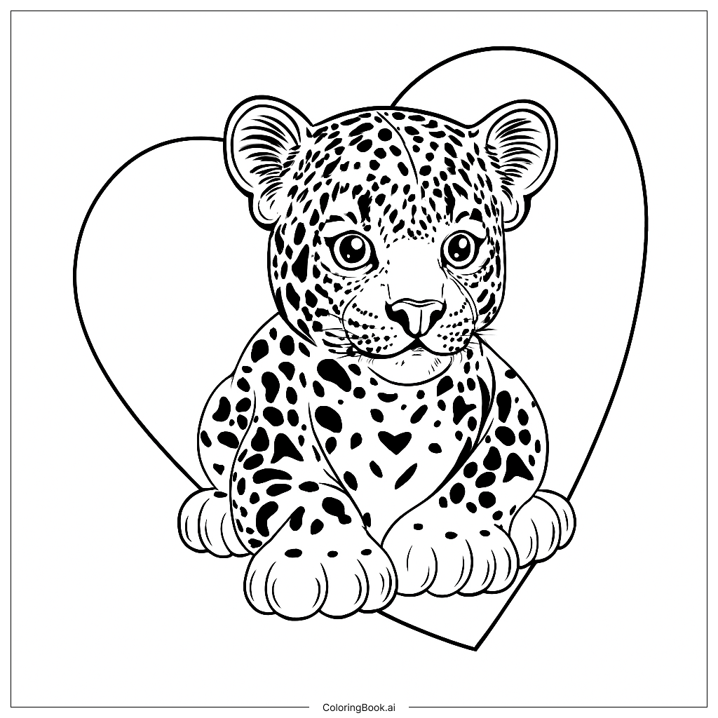  Page de coloriage Un guépard avec un cœur bleu en arrière-plan 