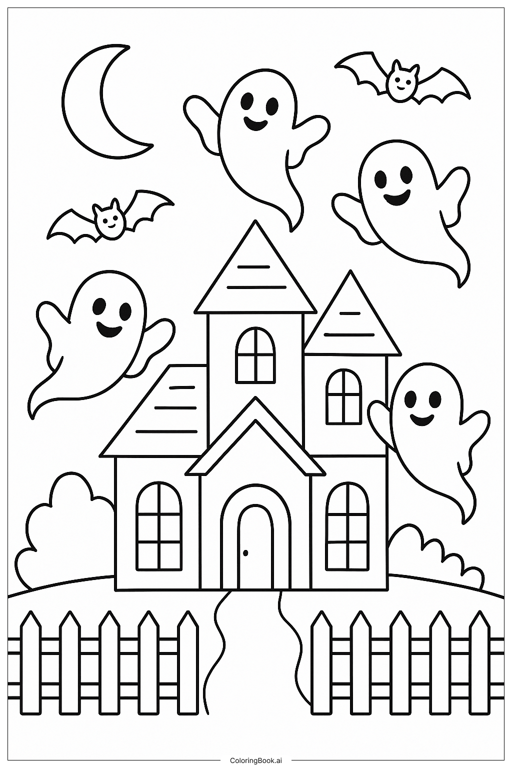  Geister fliegen um ein Haus an Halloween 2025 Ausmalseite 