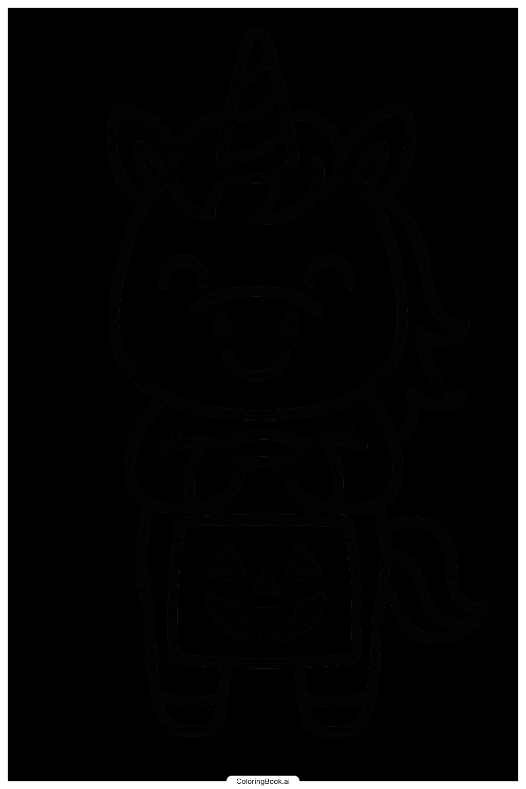 笑脸独角兽与万圣节糖果袋填色页