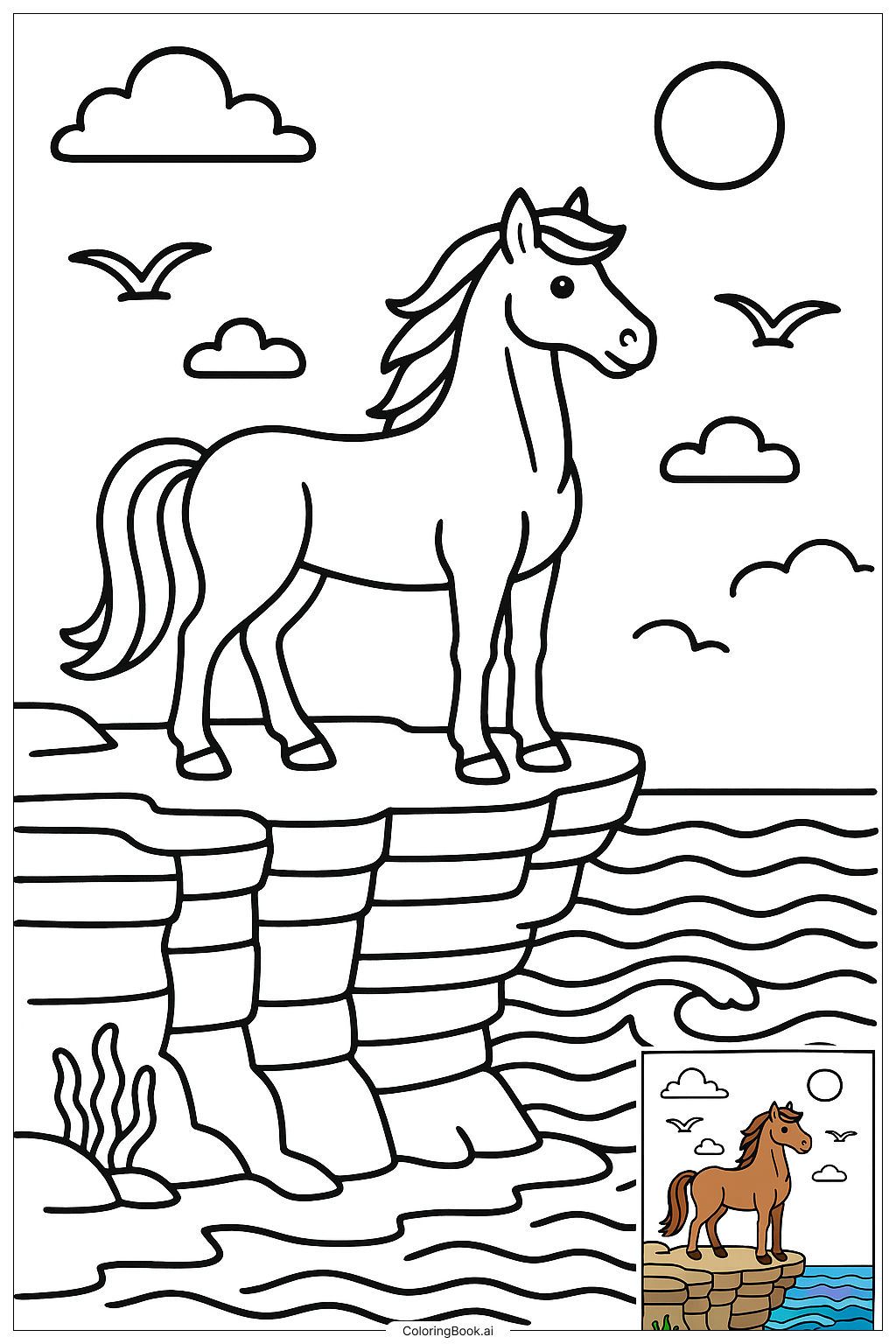  崖の上に立つ馬が海を見渡すの塗り絵ページ 