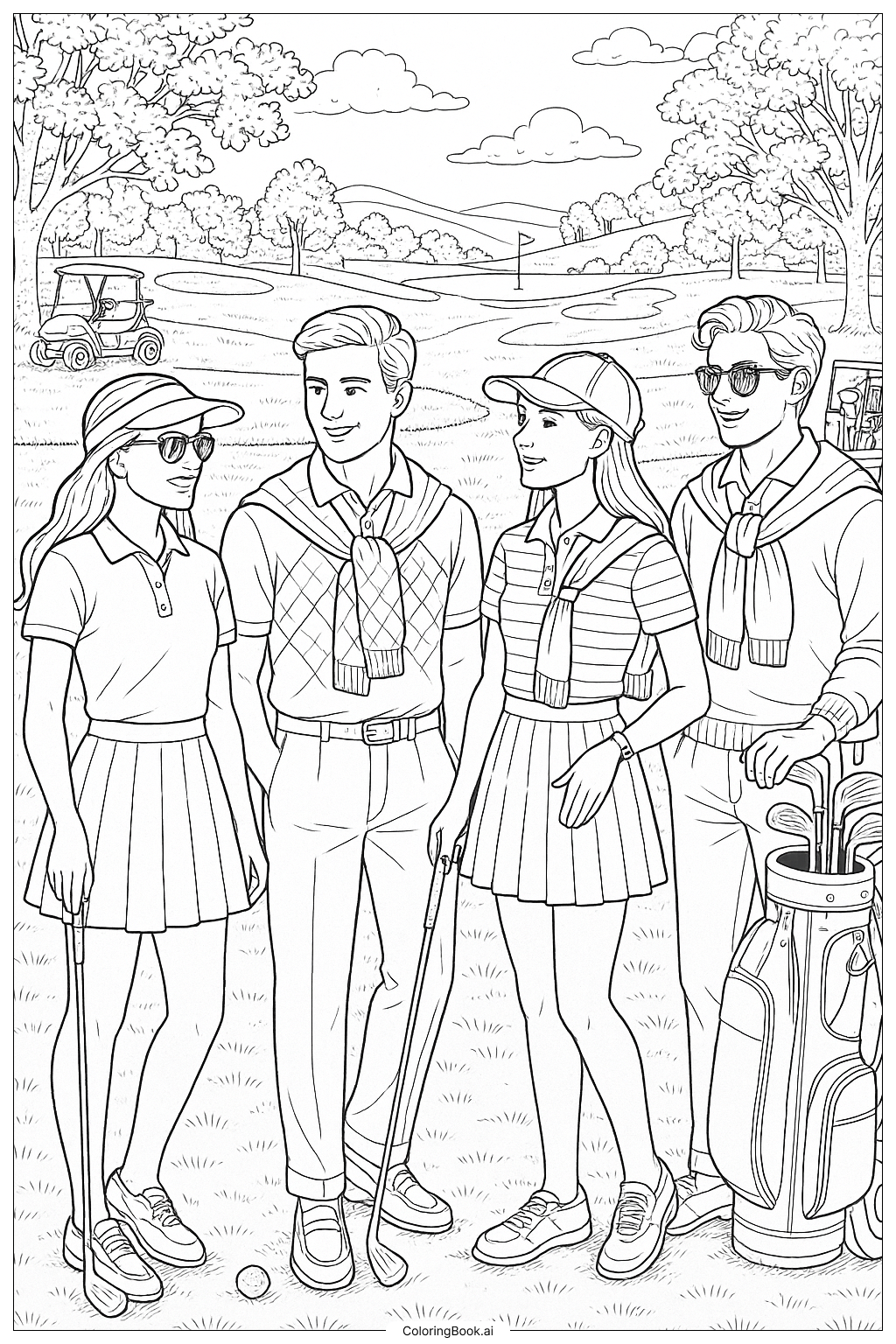 Preppy Characters on a Golf Course Coloring Page