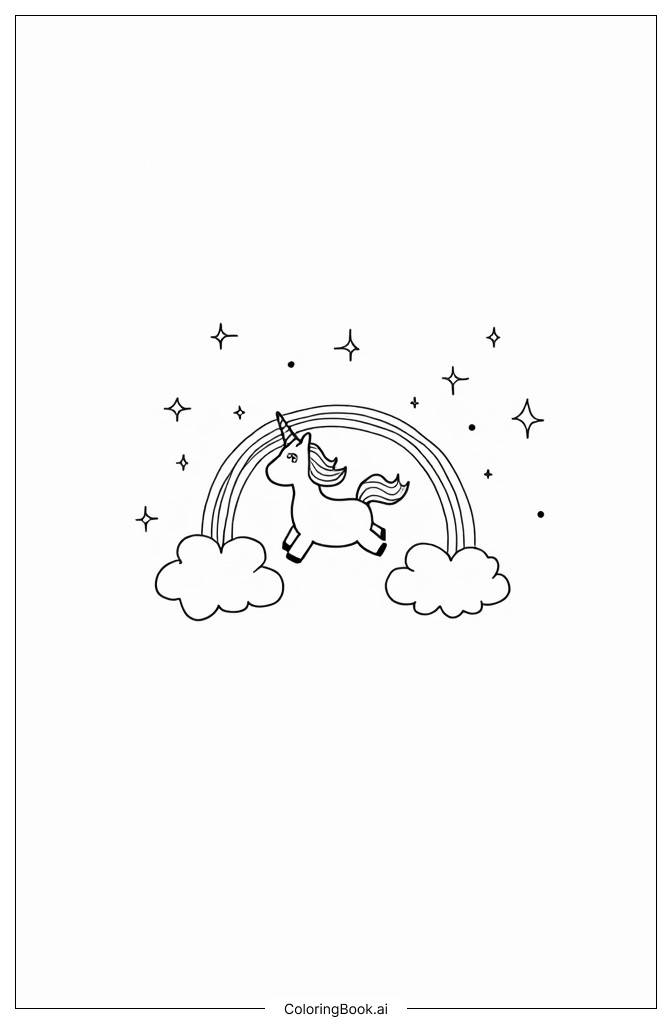  Page de coloriage Licorne et Dash volant à travers des nuages arc-en-ciel sous un ciel étoilé 