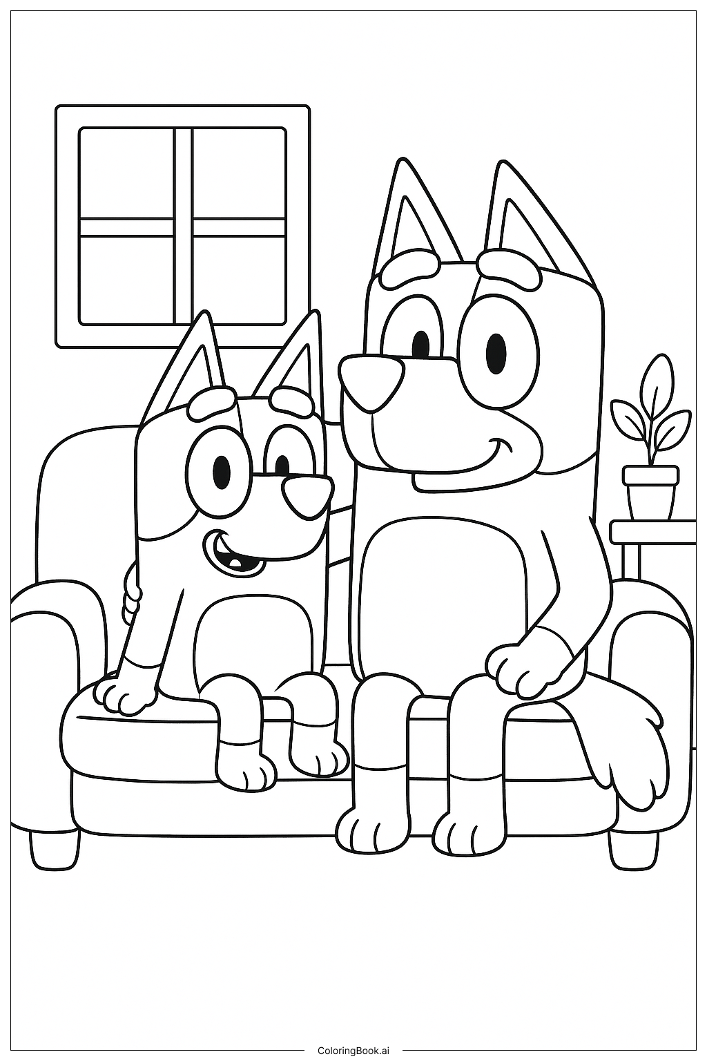  Página para colorear de Bluey y Bandit en el sofá 