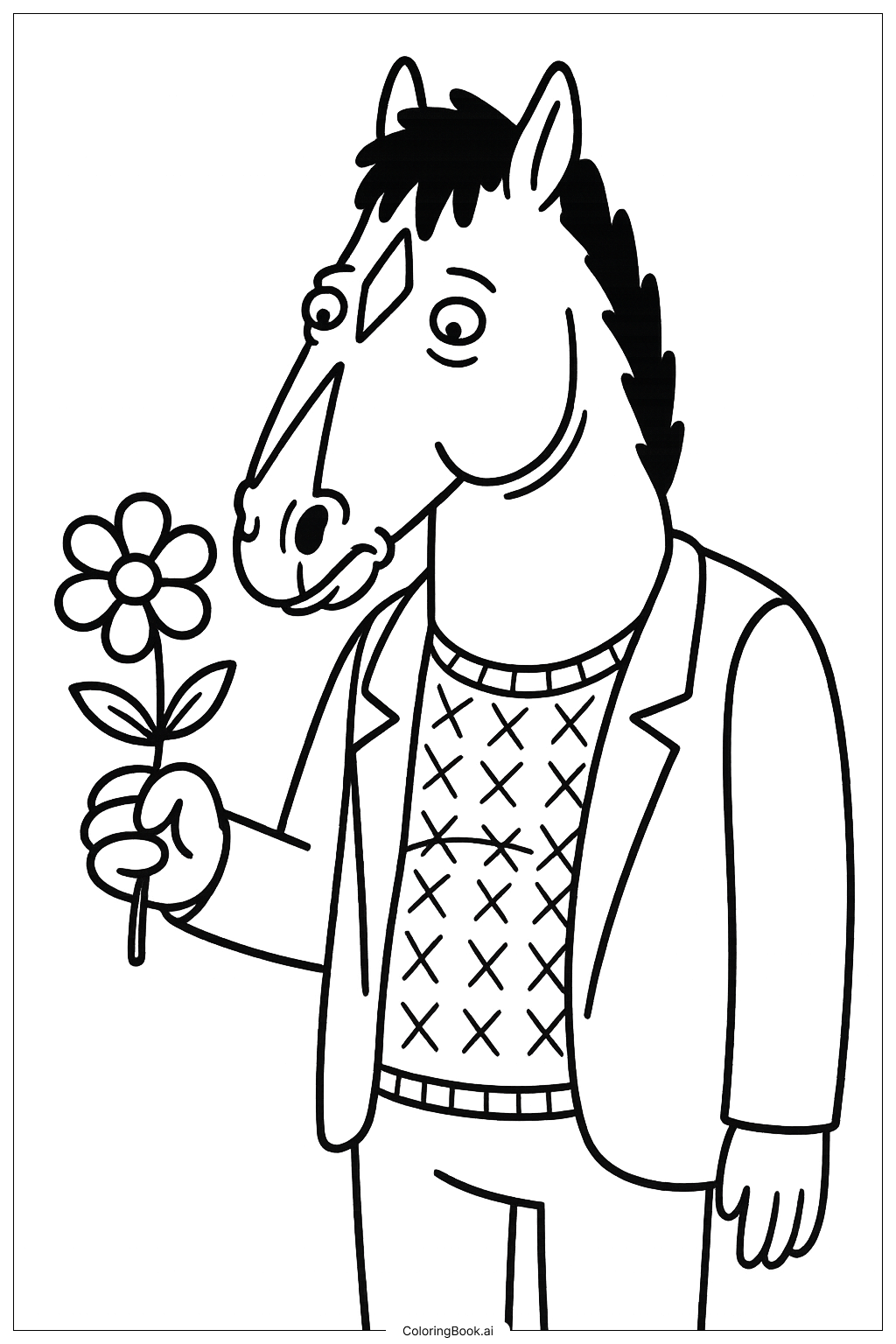  Page de coloriage Bojack Horseman tenant une seule fleur 