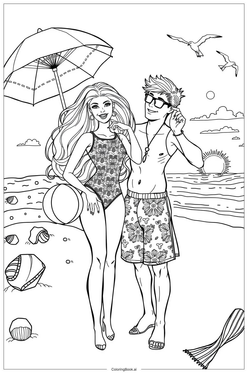  Página para colorear de barbie y ken en la playa 