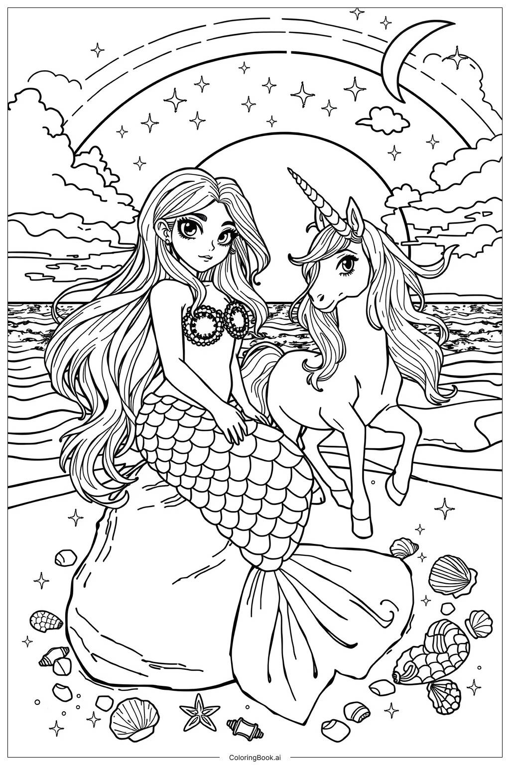  Página para colorear de Cuento de Sirena y Unicornio 