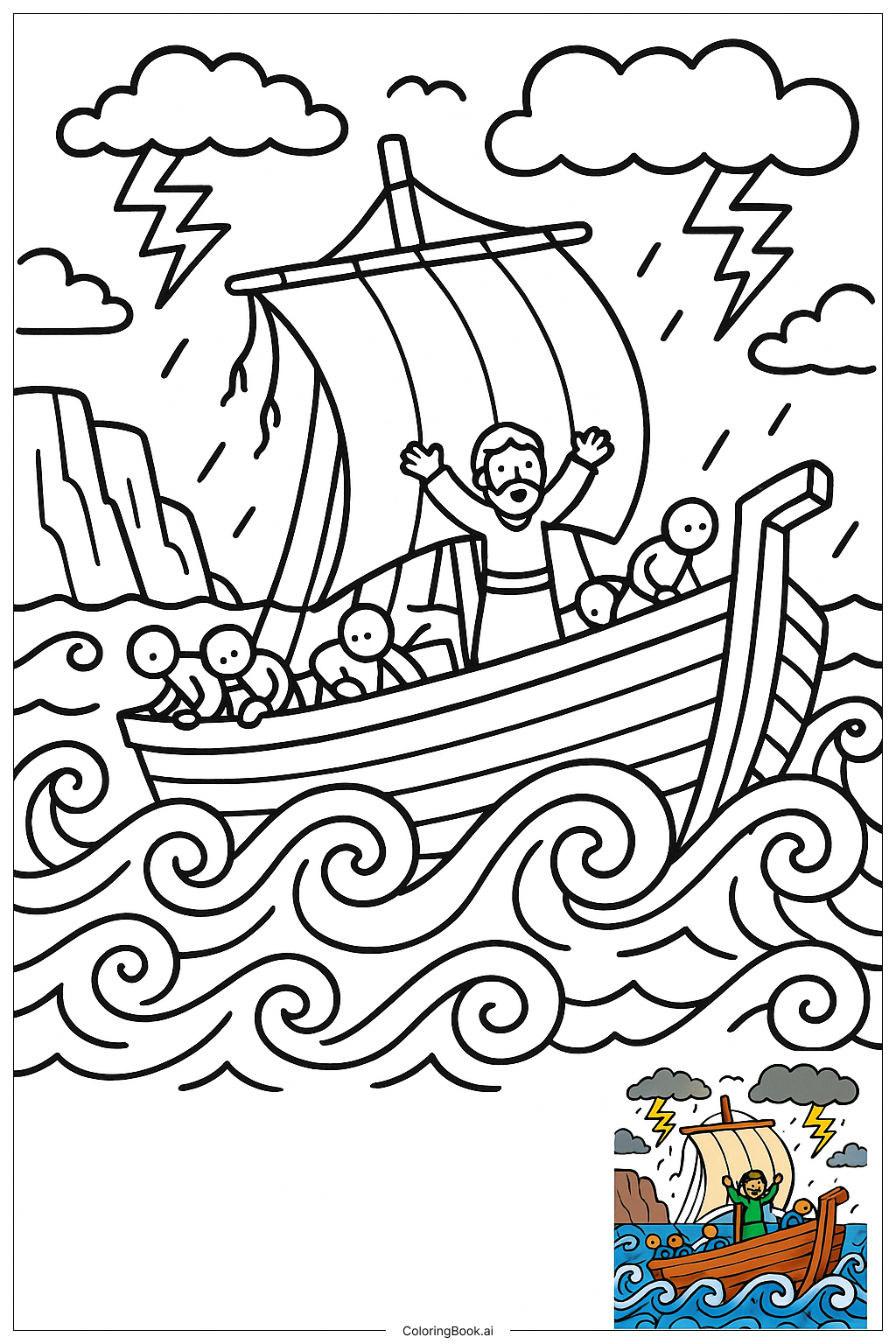  Página para colorear de Biblia Barco de Pablo en la Tormenta 