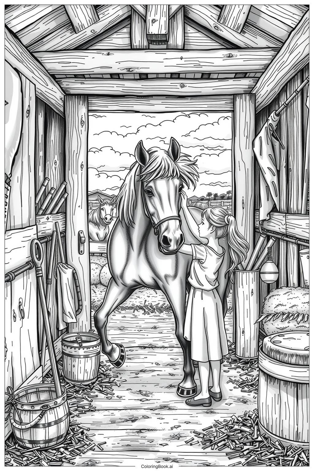  Page de coloriage Fille s'occupant de son cheval 