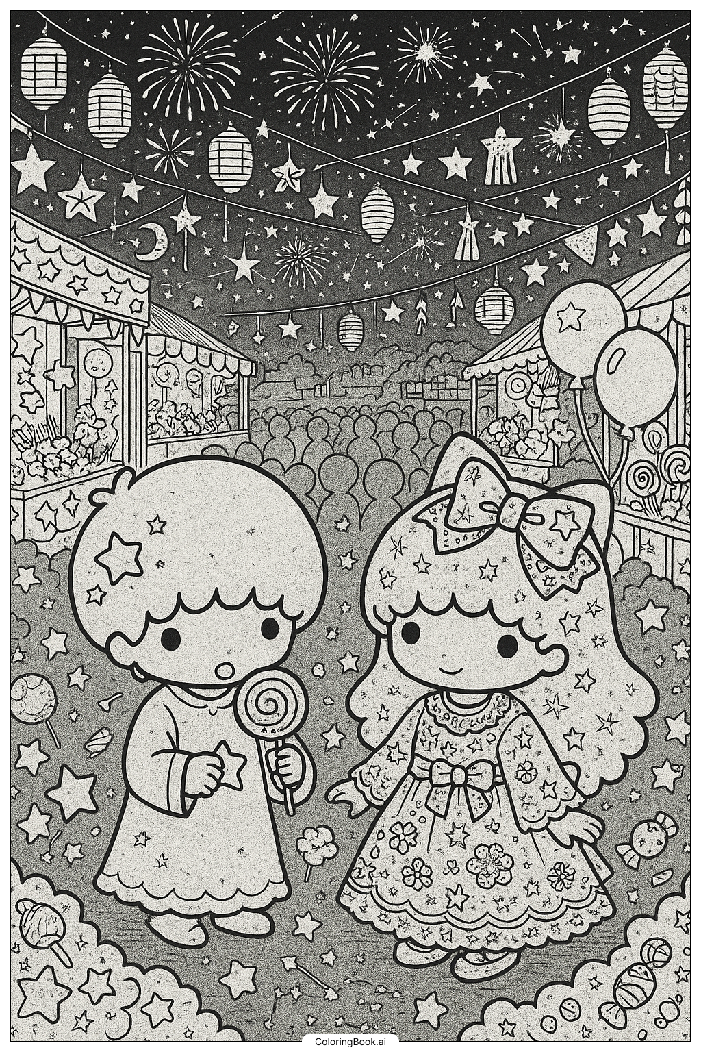  Little Twin Stars At A Bustling Star Festival Coloring Page 