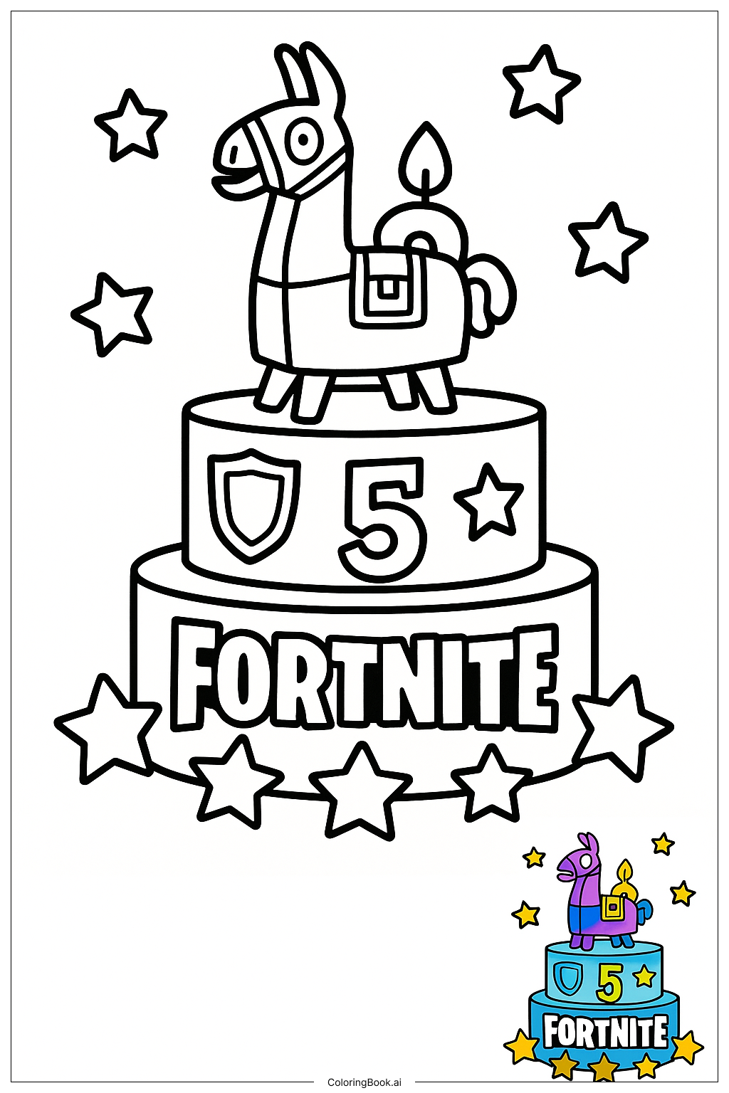  Fortnite Geburtstagstorte mit Loot Llama Dekoration Ausmalseite 