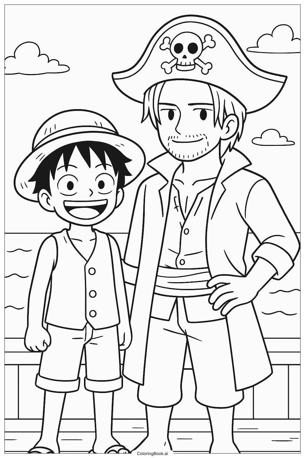  若いルフィとシャンクスと帽子の塗り絵ページ 