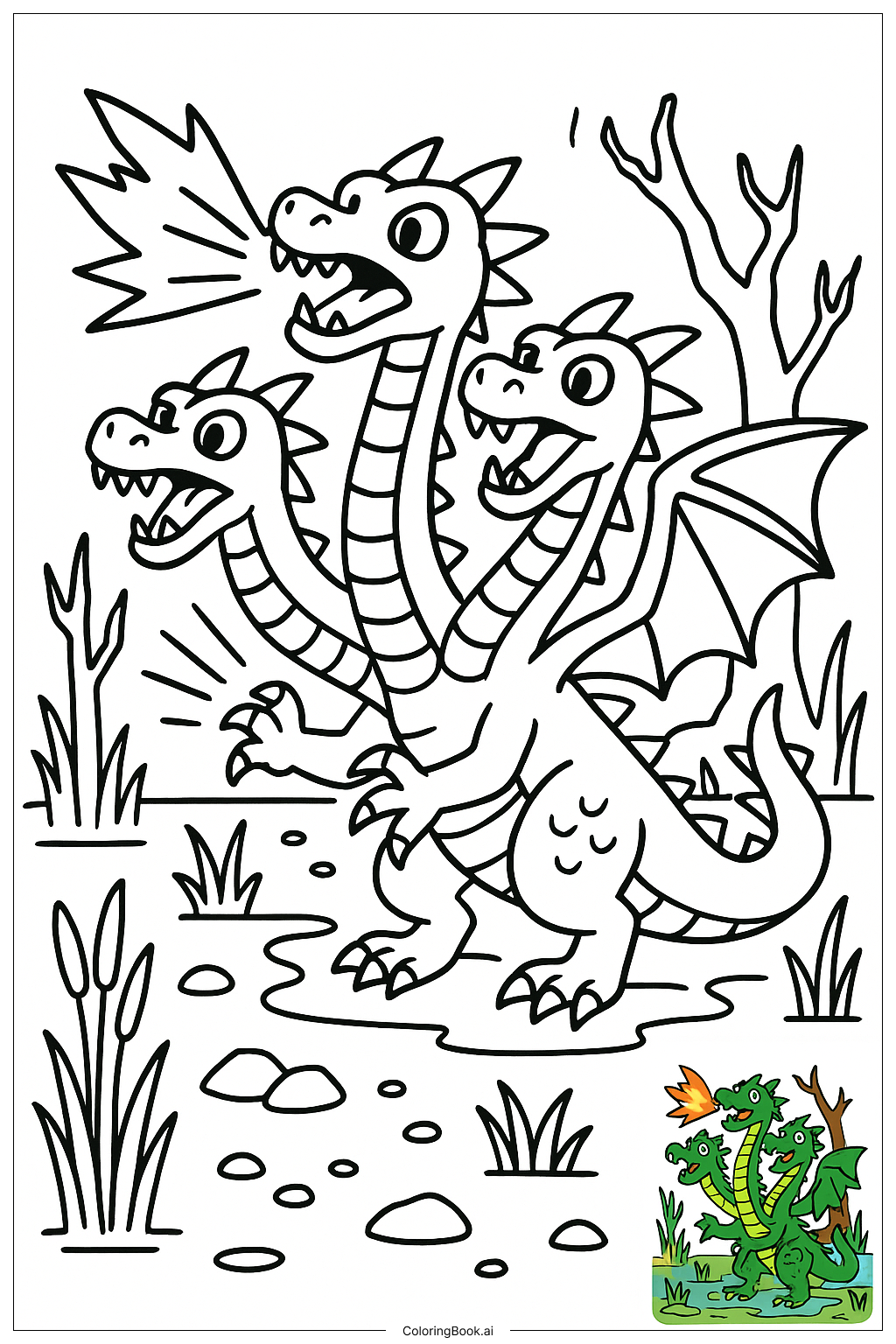  湿地の戦いのヒドラドラゴンの塗り絵ページ 