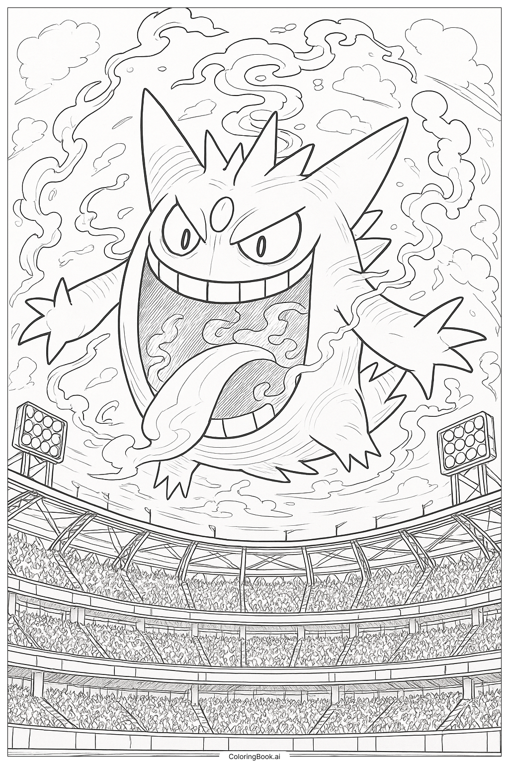  Page de coloriage Gigantamax Gengar détaillé s'élevant au-dessus d'un stade 