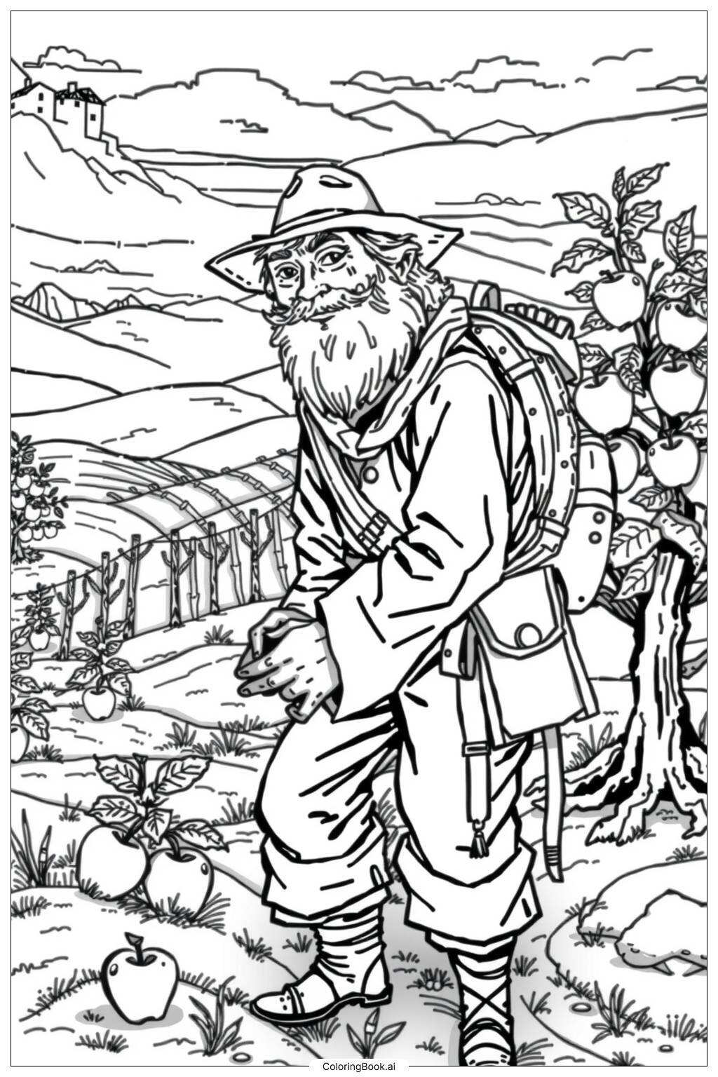  Johnny Appleseed Planting Apple Seeds Coloring Page 