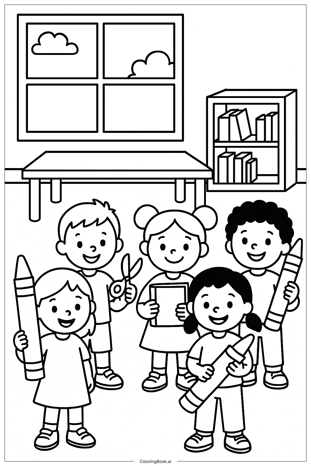  带着学习用品欢迎来到幼儿园填色页 