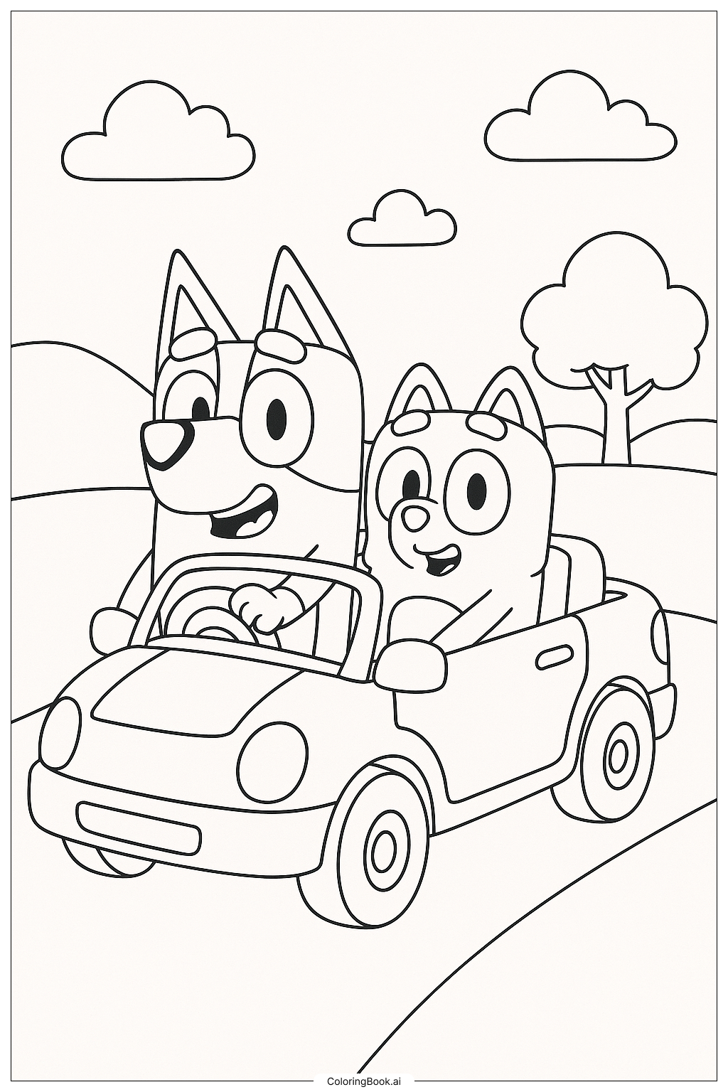  Página para colorear de Bluey y Muffin en un coche de juguete 