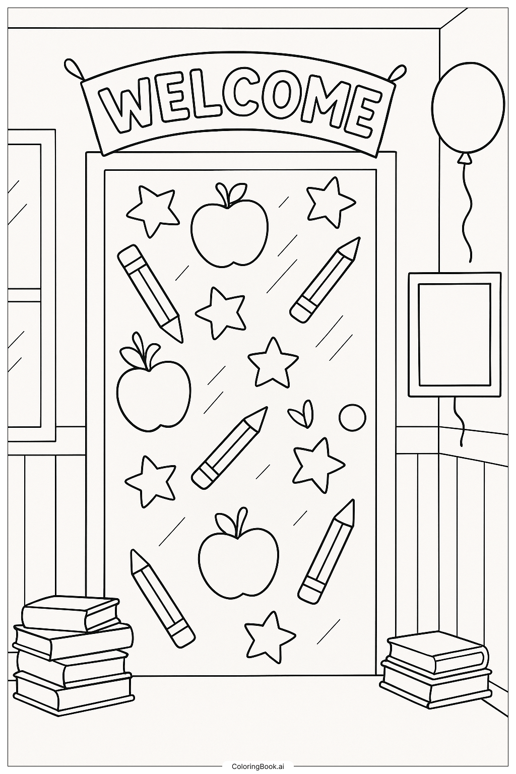  Página para colorir de Porta da Sala de Aula Decorada para Volta às Aulas 