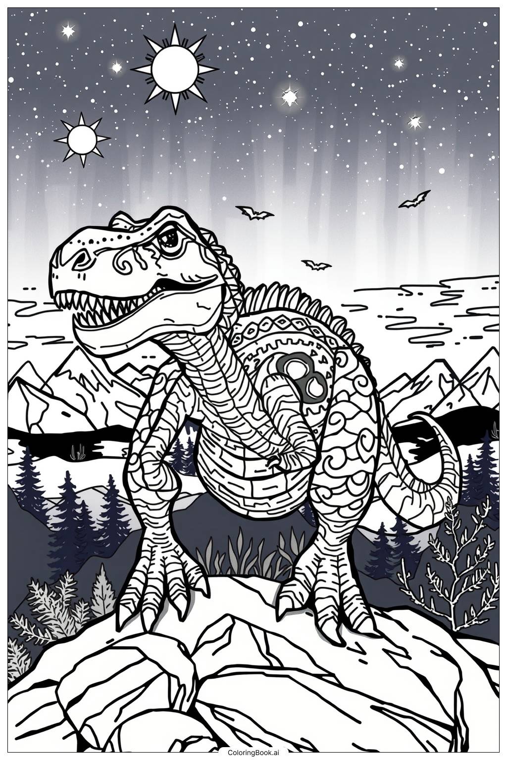  Página para colorir de Aventura Noturna do Dinossauro-2 