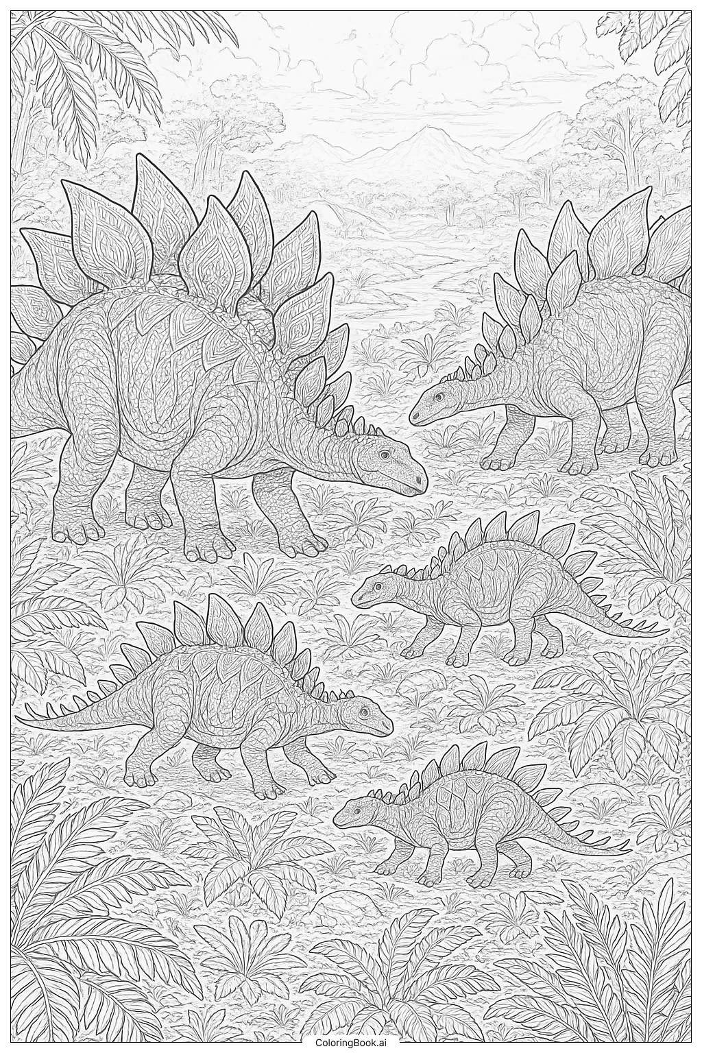 Stegosaurus-Familie in einer detaillierten Landschaft Ausmalseite