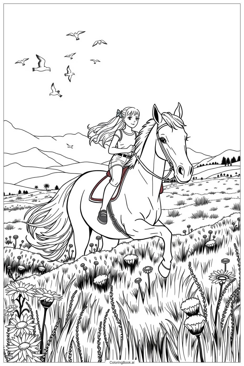  Page de coloriage Fille montant un cheval dans un champ-2 