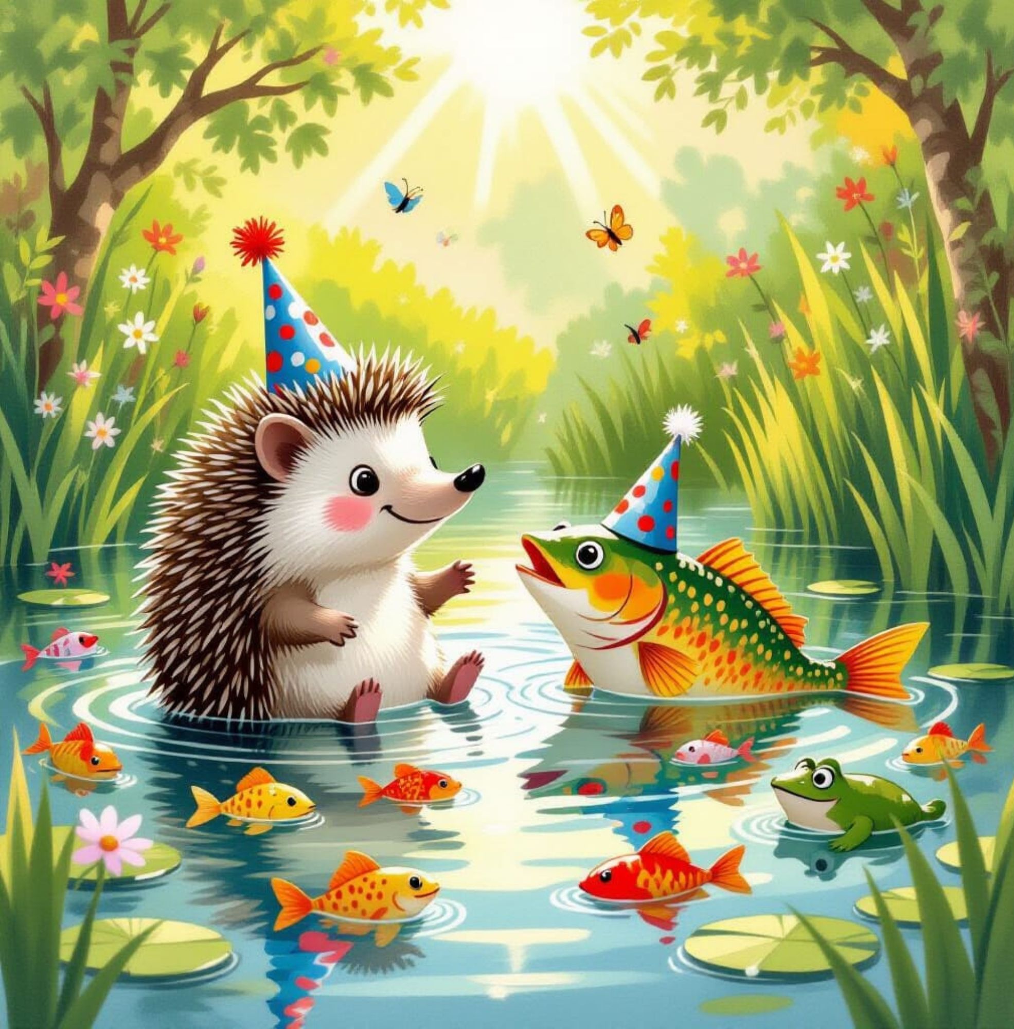 Hedgehog, Fish, and Frog Celebrating Together in a Sunny Pond Party with Party Hats