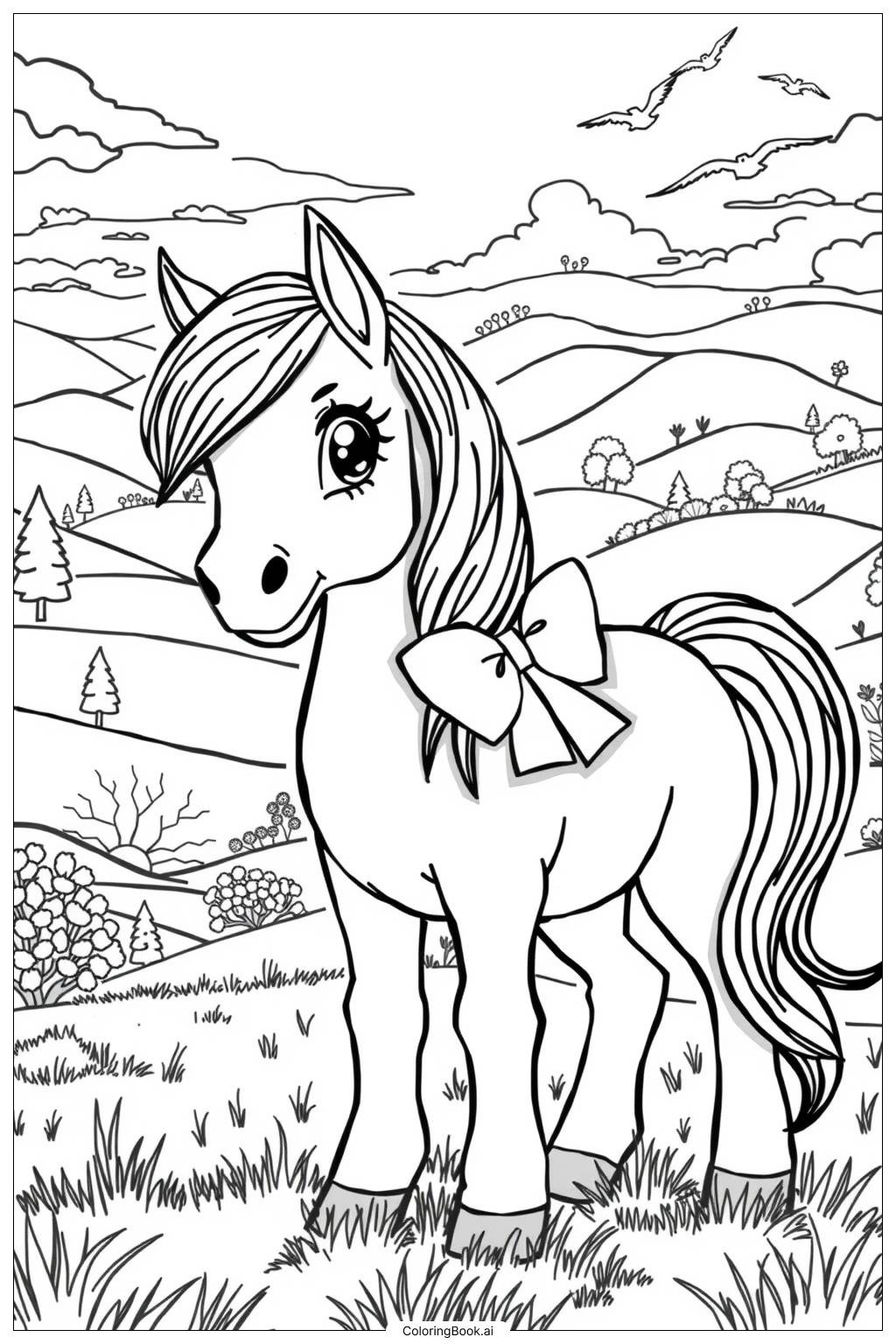  Page de coloriage Poney Mignon avec un Nœud-2 